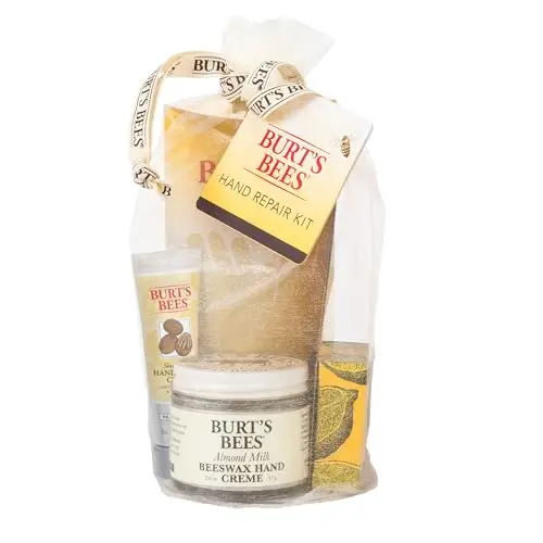 Burt's Bees hand cream gift set with three creams and cotton gloves in an organza pouch
