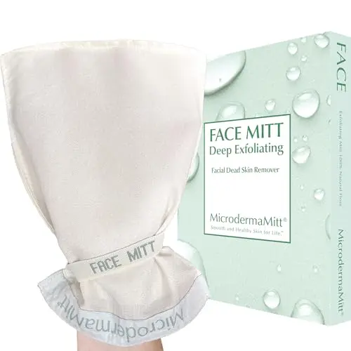 MicrodermaMitt Exfoliating Mitt for face, lips, and neck on a bathroom counter