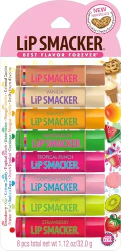 Lip Smacker Original Holiday Party Pack with 8 flavored lip balms like Oatmeal Cookie and Watermelon