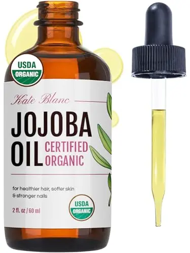 Kate Blanc Cosmetics Organic Jojoba Oil in amber glass bottle with dropper