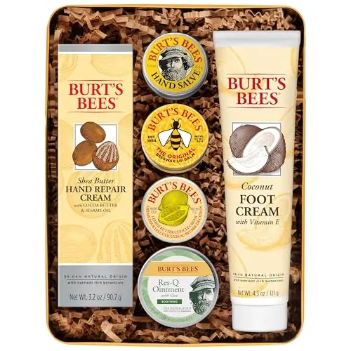 Burt's Bees Classics gift tin open showing cuticle cream, lip balm, hand salve, and foot cream