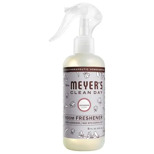 Mrs. Meyer's Clean Day Lavender Room Spray bottle on a wooden table