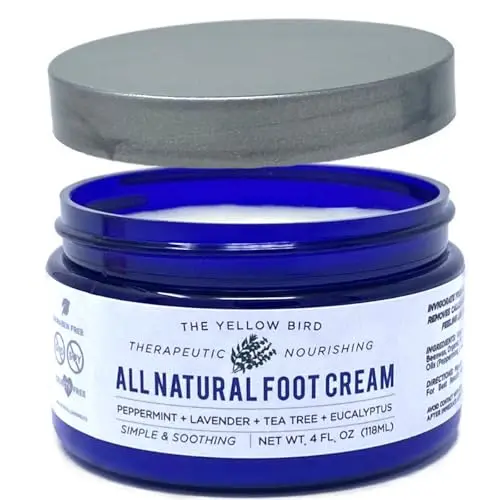 Yellow Bird Natural Tea Tree Foot Cream in a white jar with yellow lid