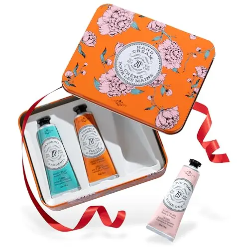 La Chatelaine French hand cream trio in a decorative floral tin