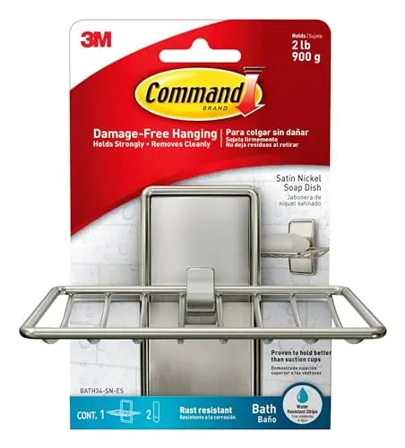Command Satin Nickel metal soap dish with adhesive strips, mounted on a shower tile.