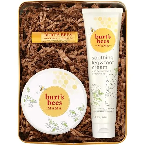 Burts Bees Mama Gift Set with belly butter, leg cream, and lip balm in tin packaging
