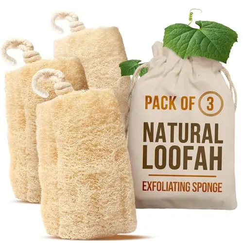 Pack of three natural tan CraftsOfEgypt loofah sponges.