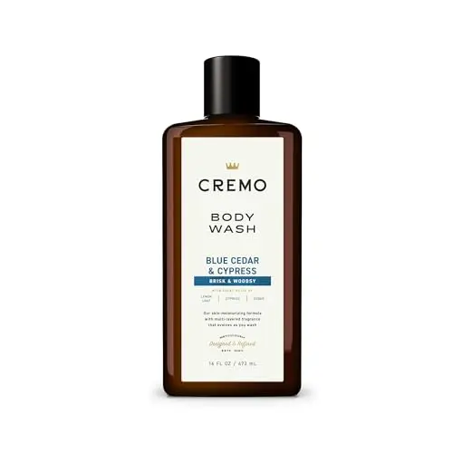 Cremo Blue Cedar & Cypress woodsy body wash bottle