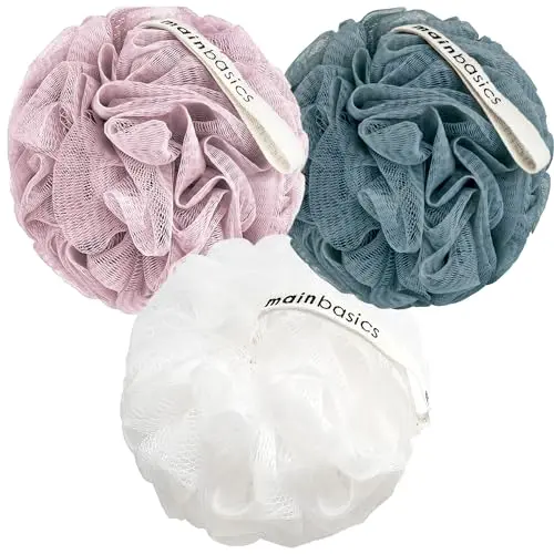 Set of three MainBasics mesh shower poufs in pastel colors.
