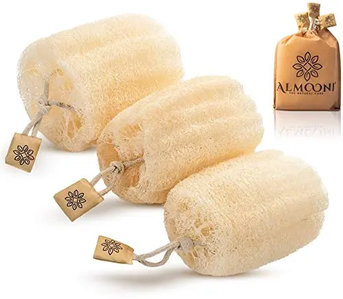Three natural tan-colored Almooni Egyptian loofah sponges.