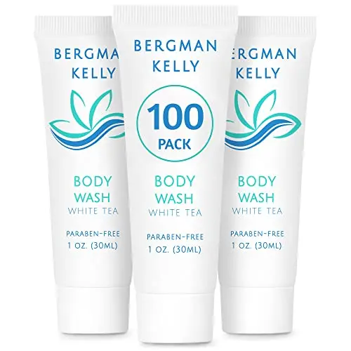Box of 100 Bergman Kelly travel-size white tea body wash tubes