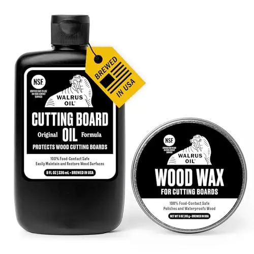 Walrus Oil cutting board maintenance kit with oil bottle and wood wax tin