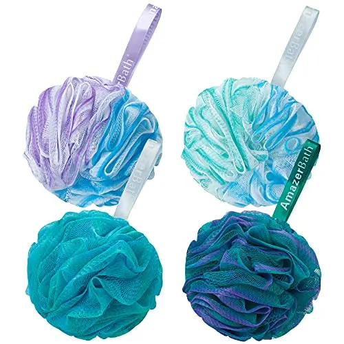 Four large, colorful AmazerBath mesh shower poufs in a pack.