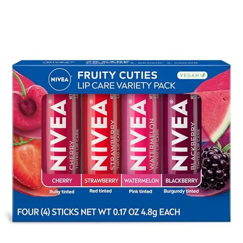 NIVEA Fruity Tinted Lip Balm Variety Pack with four fruity flavors