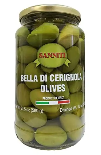 Sanniti Whole Bella Di Cerignola Olives, large green olives in jar