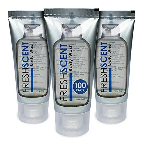 Bulk pack of 100 Freshscent travel-size body wash tubes in a cardboard case