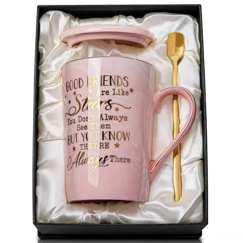 BICHING pink ceramic marble coffee mug with gold rim, inside star pattern, presented in a gift box.