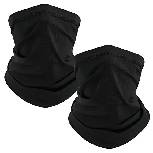 TICONN black neck gaiter scarf stretched to show its thin, breathable material