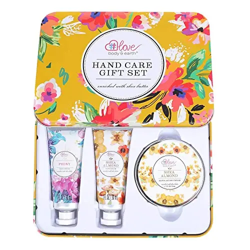 BODY & EARTH hand cream gift set with two creams and an exfoliating cream in floral packaging