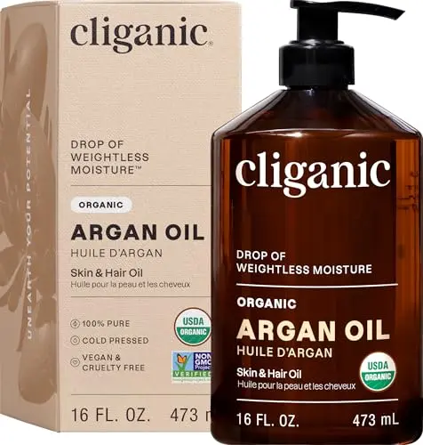 Cliganic Organic Argan Oil 16oz bottle with convenient pump dispenser
