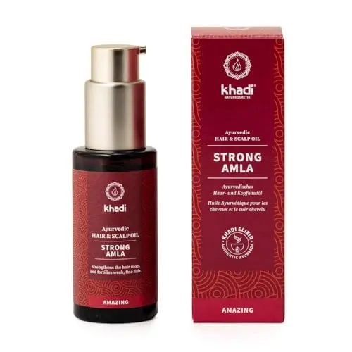 KHADI STRONG AMLA hair oil bottle with herbal, ayurvedic design