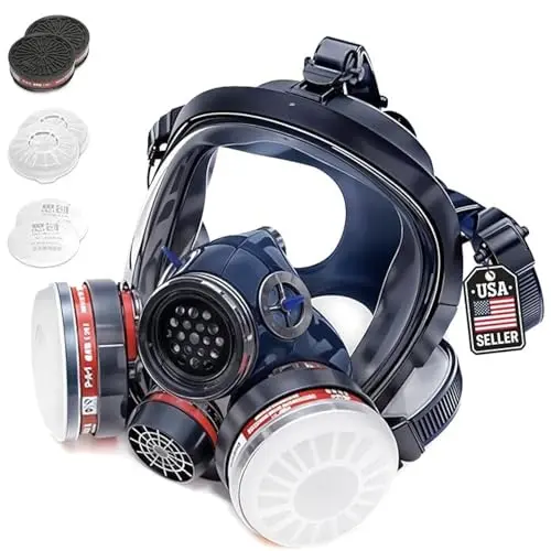 Tesoro full face respirator mask with large anti-fog lens and dual filters