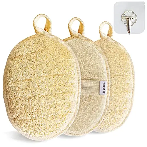 Three beige-colored YIQINGJIE natural loofah sponge pads.