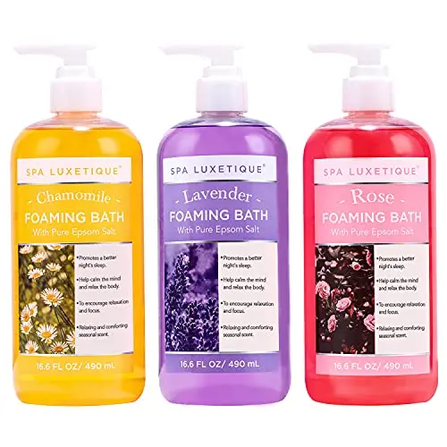 Spa Luxetique Bubble Bath gift set with three different scents: Chamomile, Rose, and Lavender