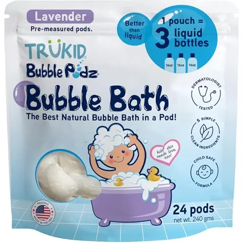 TruKid Bubble Podz single-use bath bomb pods in a container