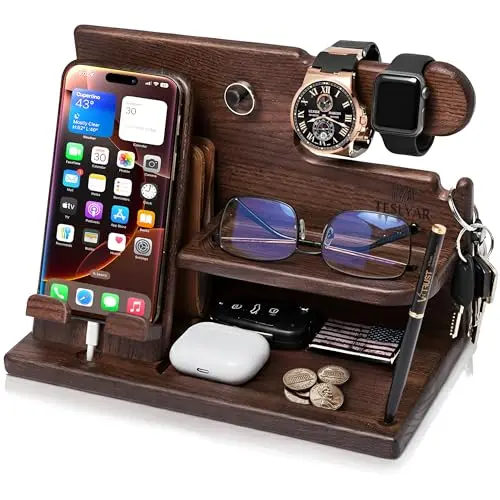 TESLYAR Bourbon Brown solid wood phone docking station and organizer on a nightstand.