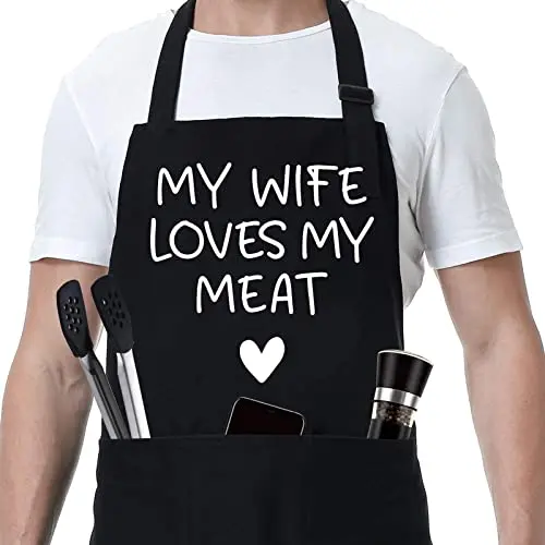 Funny grilling apron for men with humorous text and three pockets
