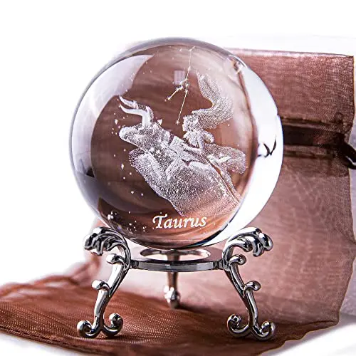 HDCRYSTALGIFTS 3D laser engraved Taurus constellation crystal ball on a silver stand