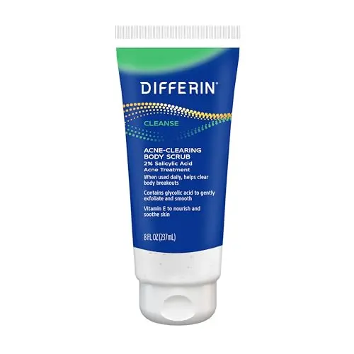 Differin Body Scrub with Salicylic Acid in a white and teal bottle