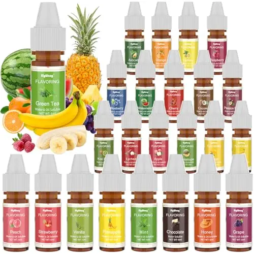 Assortment of 24 small bottles of liquid lip gloss flavoring oil in various flavors