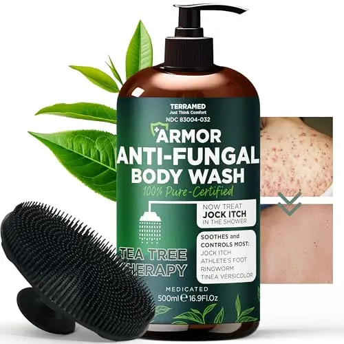 Terramed Antifungal Body Wash bottle with attached silicone scrubber