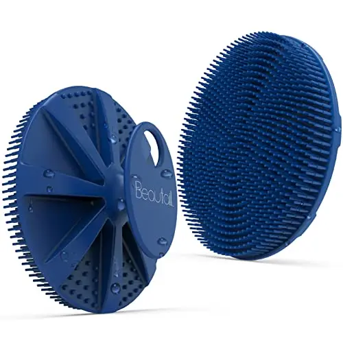 Blue BEAUTAIL silicone body scrubber with a hand strap and soft bristles.