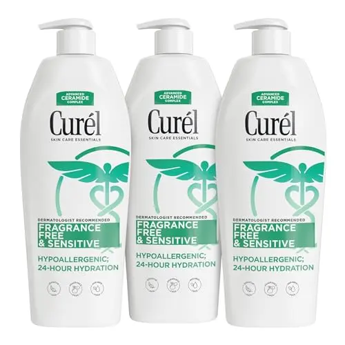 Curel Fragrance Free Lotion bottles, dermatologist recommended for dry skin