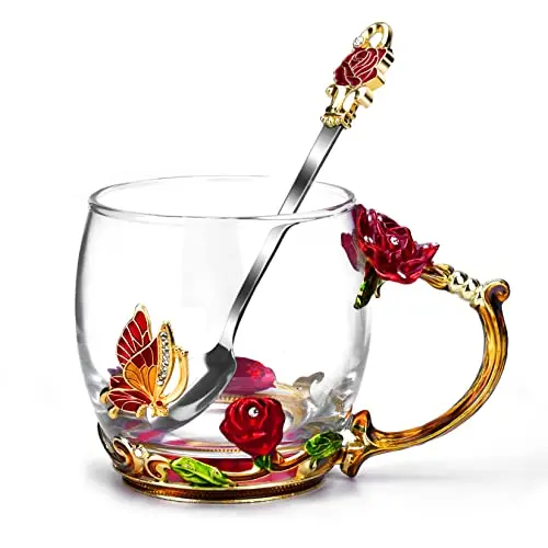Elegant clear glass mug with red rose and butterfly enamel design, includes matching spoon