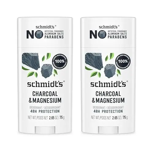 Schmidt's Aluminum-Free Vegan Deodorant for men and women, Charcoal & Magnesium scent, two-count pack.