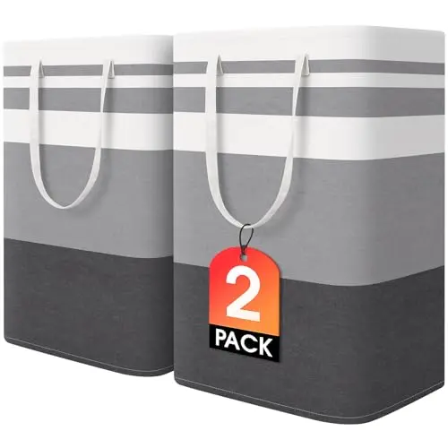 Two large grey collapsible laundry hampers with reinforced handles