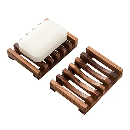 Set of two handmade wooden soap dishes with a slatted design for 360-degree ventilation.