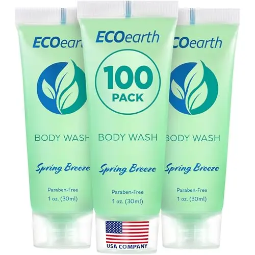 Bulk case of 100 EcoEarth Spring Breeze travel-size body wash bottles