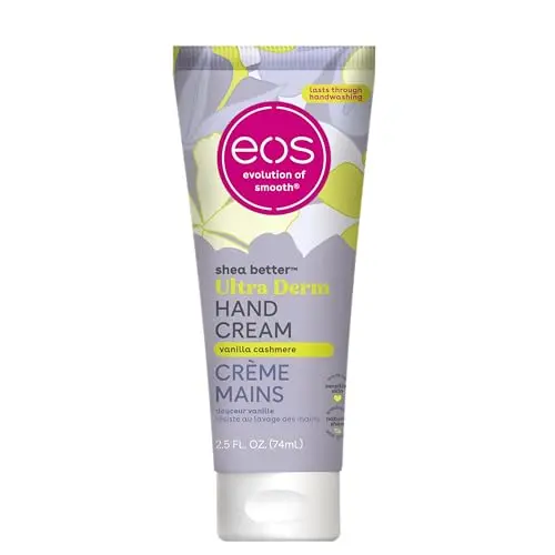 eos Shea Better Hand Cream in Vanilla Cashmere scent, a colorful tube.
