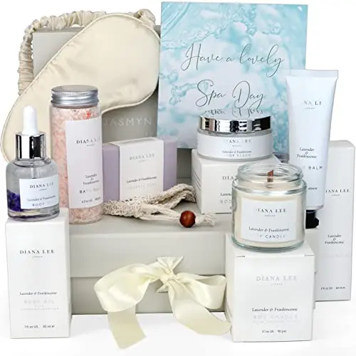 Jasmyn & Greene luxury lavender gift box with a wooden wick candle, amethyst oil, and bath salts.