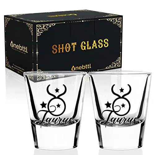 Onebttl set of two Taurus zodiac sign shot glasses in a gift box
