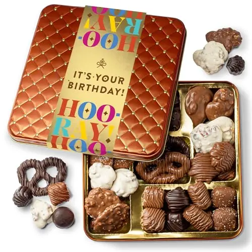 Bonnie and Pop birthday chocolate gift basket in elegant keepsake tin