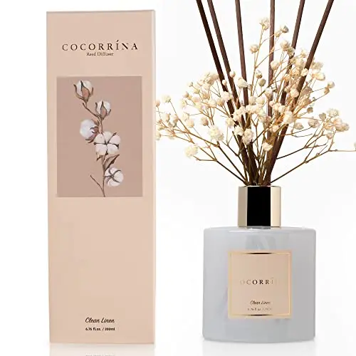 COCORRINA Clean Linen Reed Diffuser Set in a gold-accented glass bottle