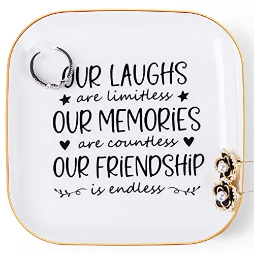 Piudee white ceramic jewelry dish with gold trim and endless friendship message
