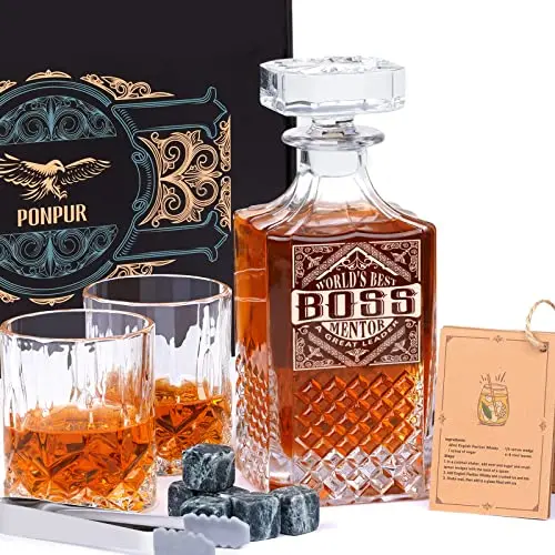 PONPUR crystal whiskey decanter set with glasses and stones for boss