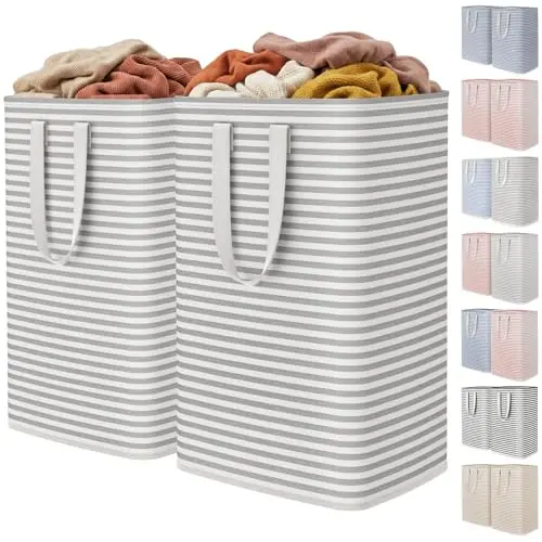 Two extra-large grey striped laundry hampers, folded and standing